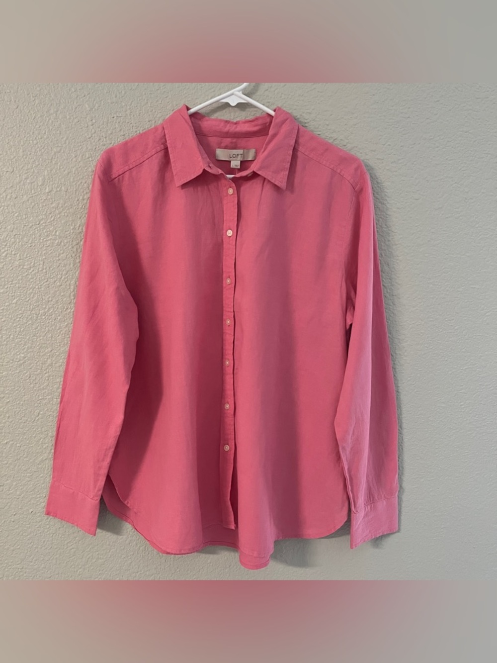 LOFT Women's Pink Linen Blend Long Sleeve Button Down Collared Blouse Size L NWT